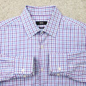 BOSS Hugo Boss Shirt Mens 15 1/2, 32/33 Purple/Blue Plaid Sharp Fit Long Sleeve